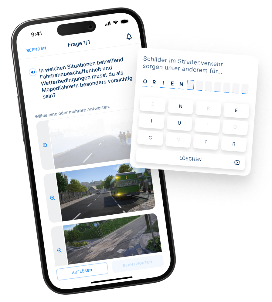 Eine Grafik, die ein Smartphone darstellt. Zu sehen ist eine Multiple-Choice Frage zu Fahrbahnbeschaffenheit und Wetterbedingungen.