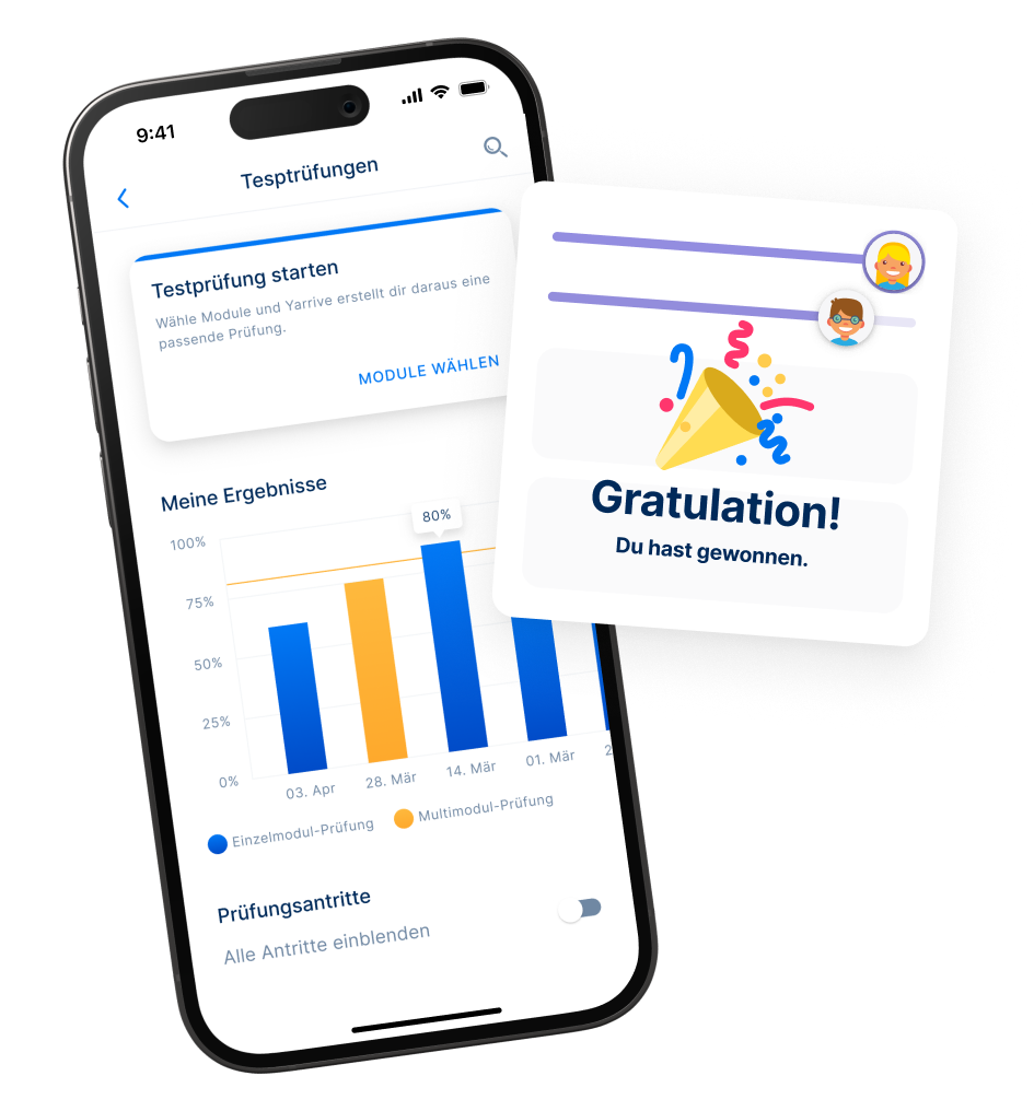 Ein Smartphone zeigt eine die Oberfläche der Lern-App Yarrive. Oben ein Button „MODULE WÄHLEN“, darunter ein Balkendiagramm mit Prüfungsergebnissen. Am unteren Rand erscheint eine bunte Gratulationskarte mit dem Text „Gratulation! Du hast gewonnen.“