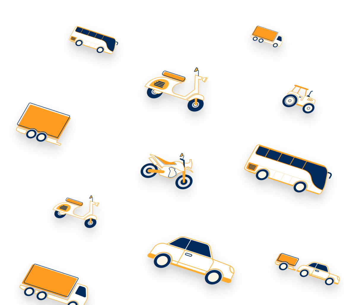 Eine Illustration von PKWs, Mopeds, Bussen und Traktoren.