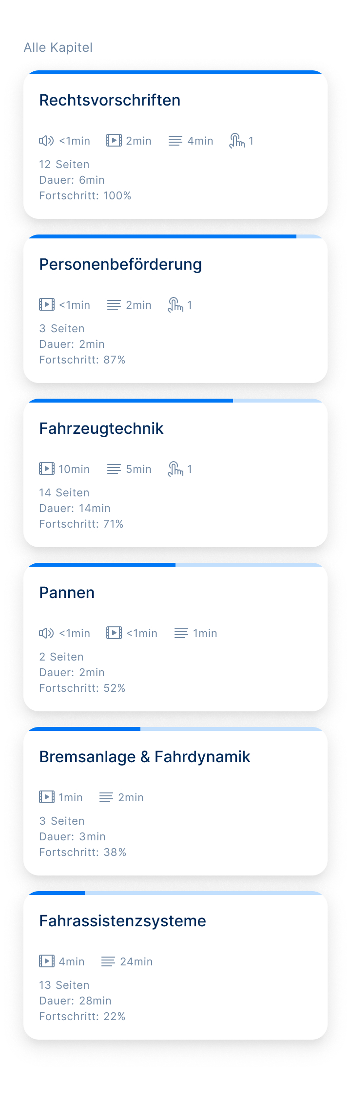 Eine Content-Übersicht der Lern-App Yarrive. Abgebildet sind die Kapitel Rechtsvorschriften, Personenbeförderung, Fahrzeugtechnik, Pannen, Bremsanlage & Fahrdynamik, Fahrassistenzsysteme.