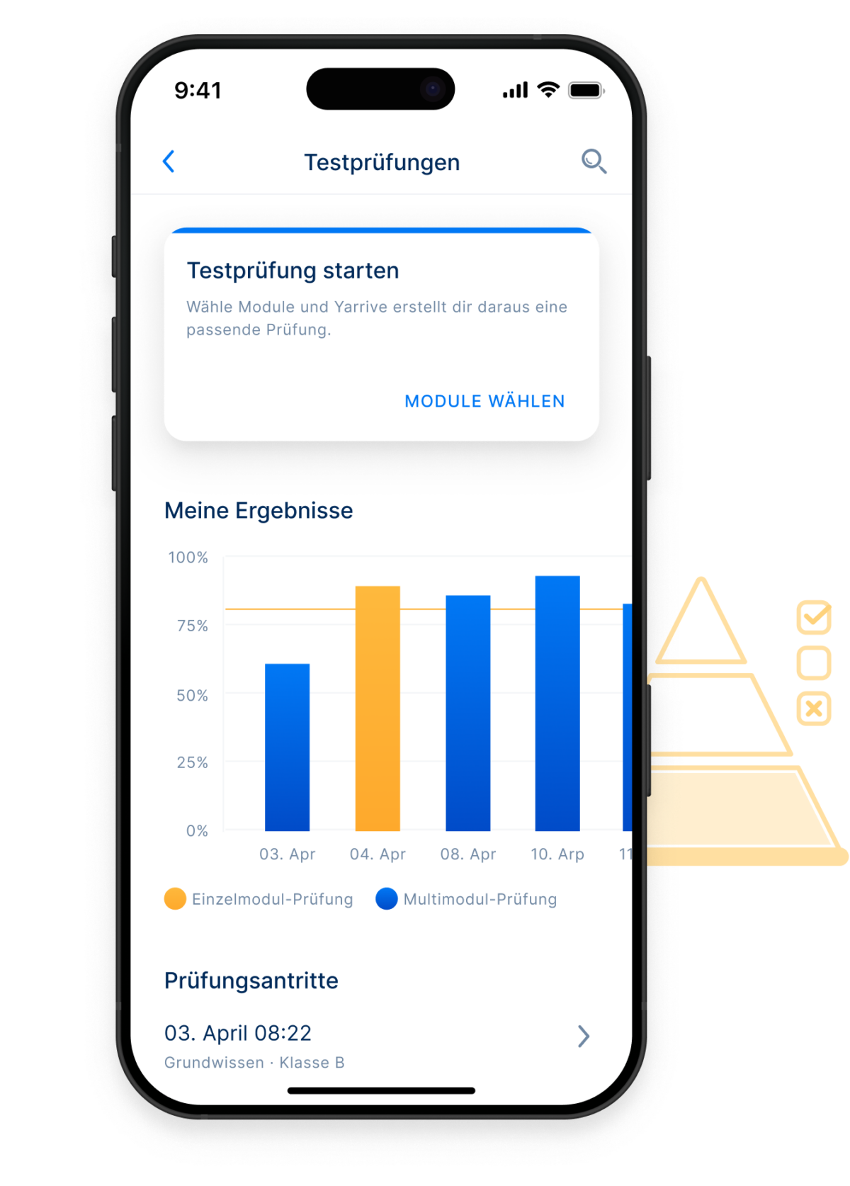 Ein Smartphone zeigt die den Testprüfungsmodus der Lern-App Yarrive.