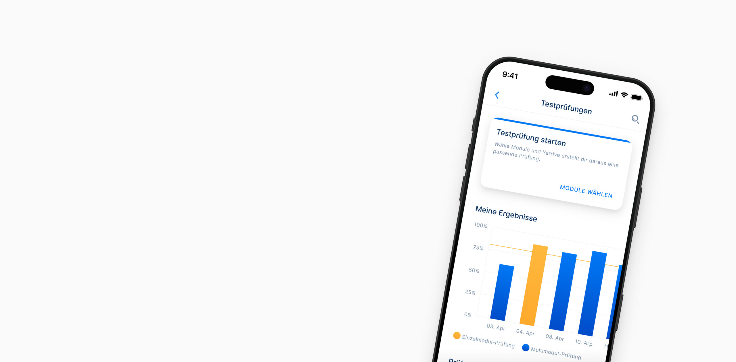 Ein Smartphone zeigt die den Testprüfungsmodus der Lern-App Yarrive.