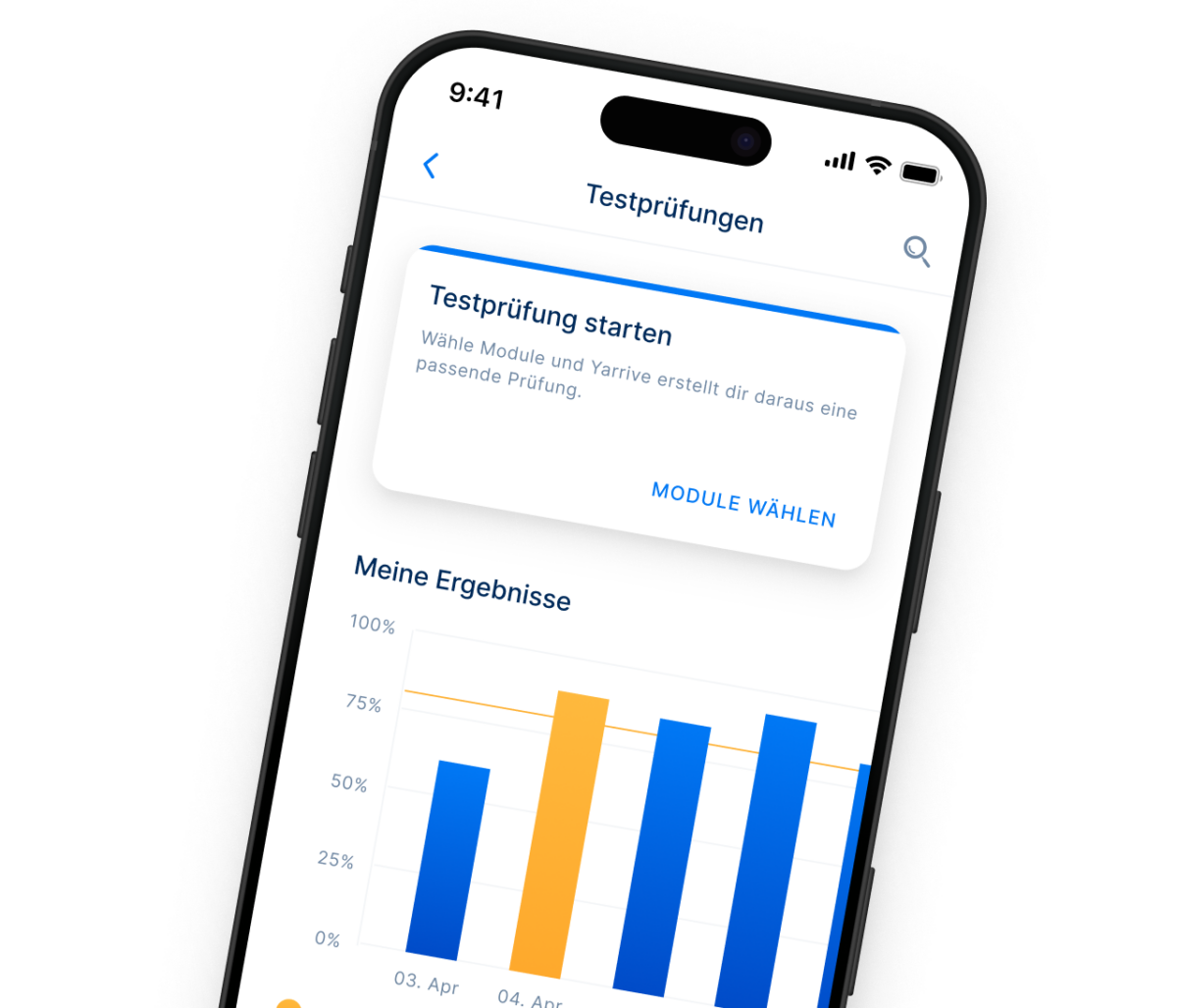 Ein Smartphone zeigt die den Testprüfungsmodus der Lern-App Yarrive.