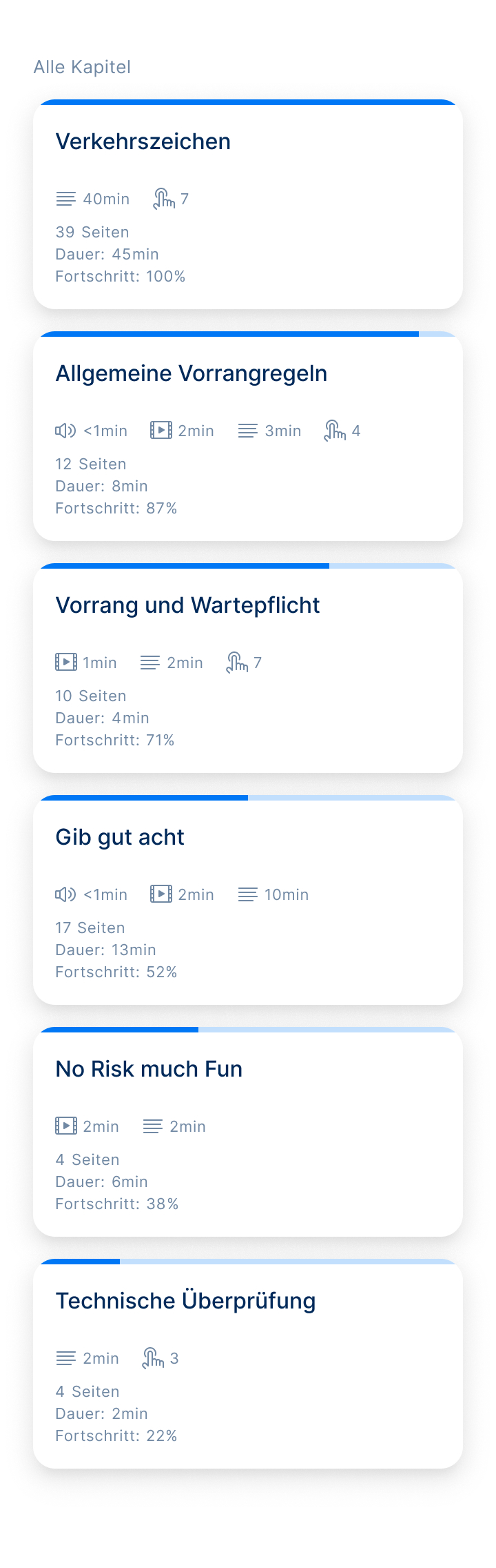 Eine Content-Übersicht in der Lern-App Yarrive. Abgebildet sind die Kapitel Verkehrszeichen, allgemeine Vorrangregeln, Vorrand und Wartepflicht, Gib gut acht, No Risk much Fun und Technische Überprüfung.