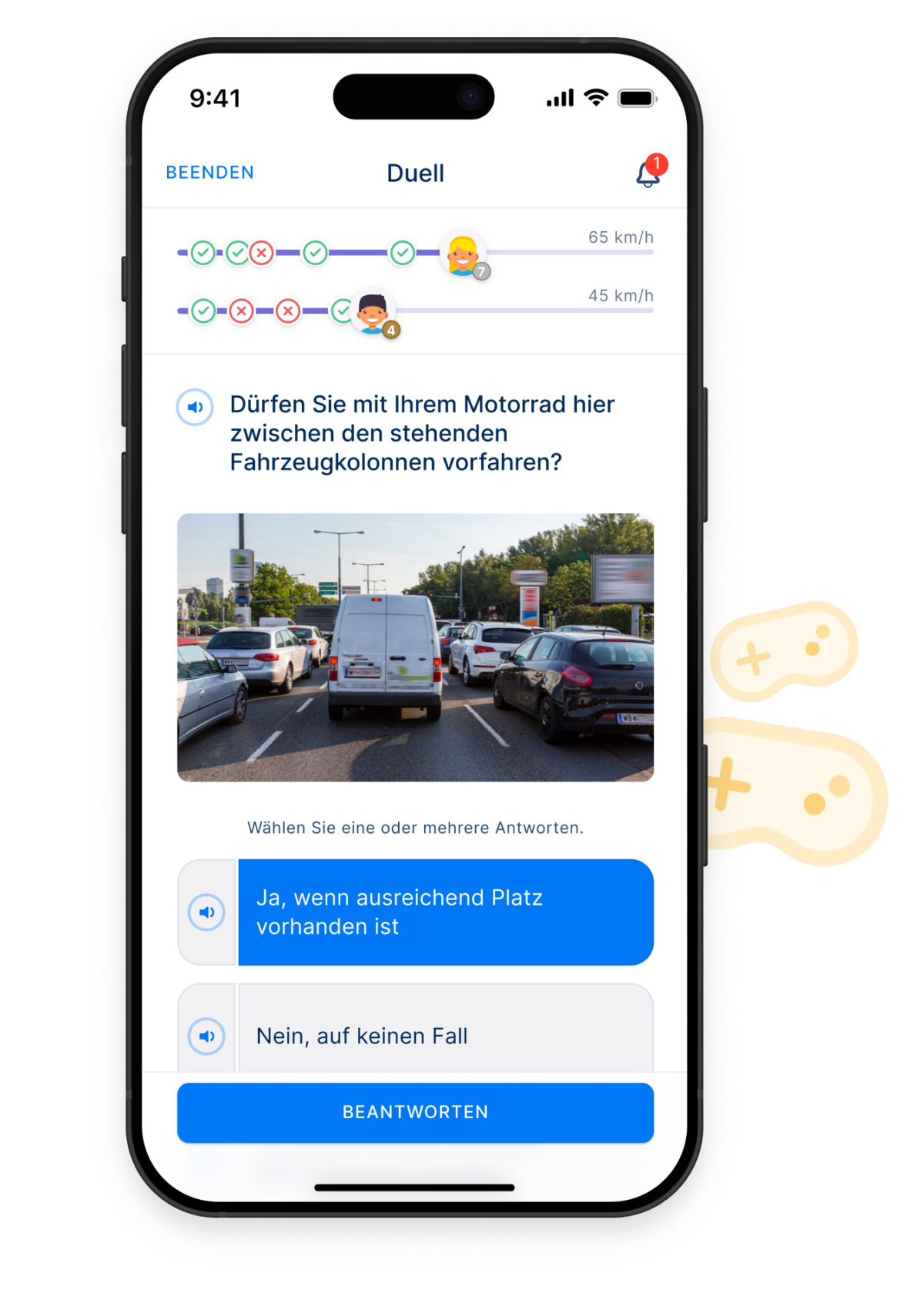Ein Smartphone zeigt den Duell-Modus der Lern-App Yarrive mit einer Frage zu Regelungen bei Fahrzeugkolonnen.