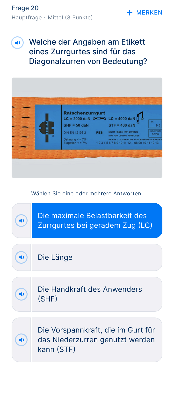 Abgebildet ist eine Multiple-Choice-Frage in der Lern-App Yarrive. Die Frage bezieht sich auf die Angaben am Etikett eines Zurrgurtes.