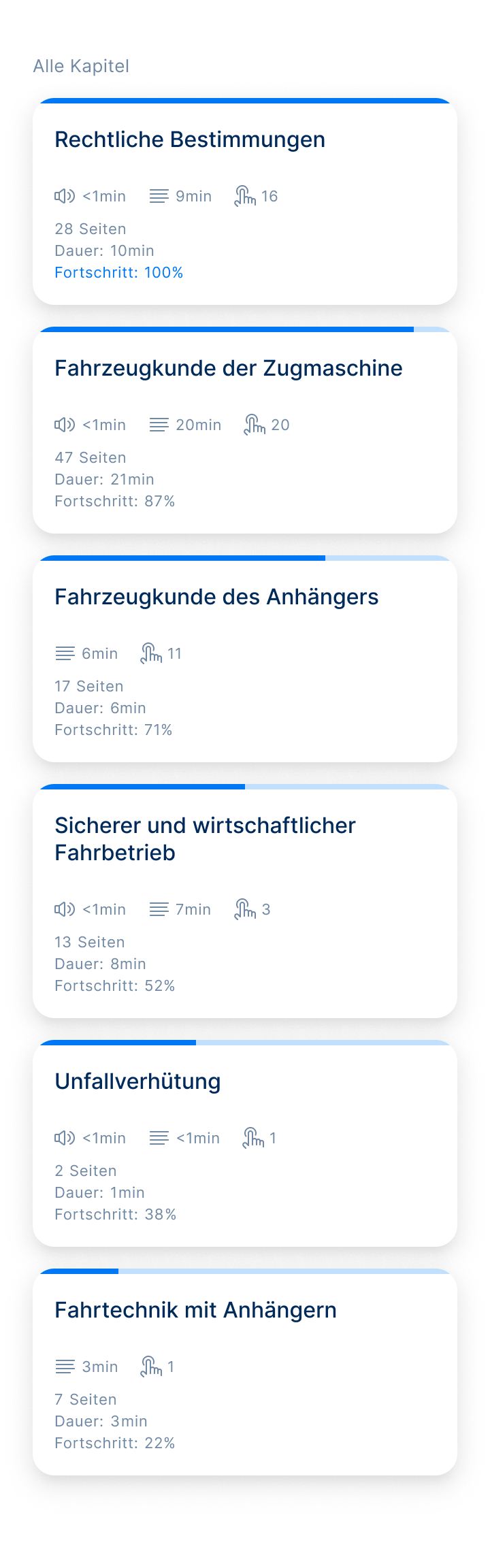 Eine Content-Übersicht in der Lern-App Yarrive. Abgebildet sind die Kapitel Rechtliche Bestimmungen, Fahrzeugkunde der Zugmaschine, Fahrzeugkunde des Anhängers, sicherer und wirtschaftlicher Fahrbetrieb, Unfallverhütung, Fahrtechnik mit Anhänger.