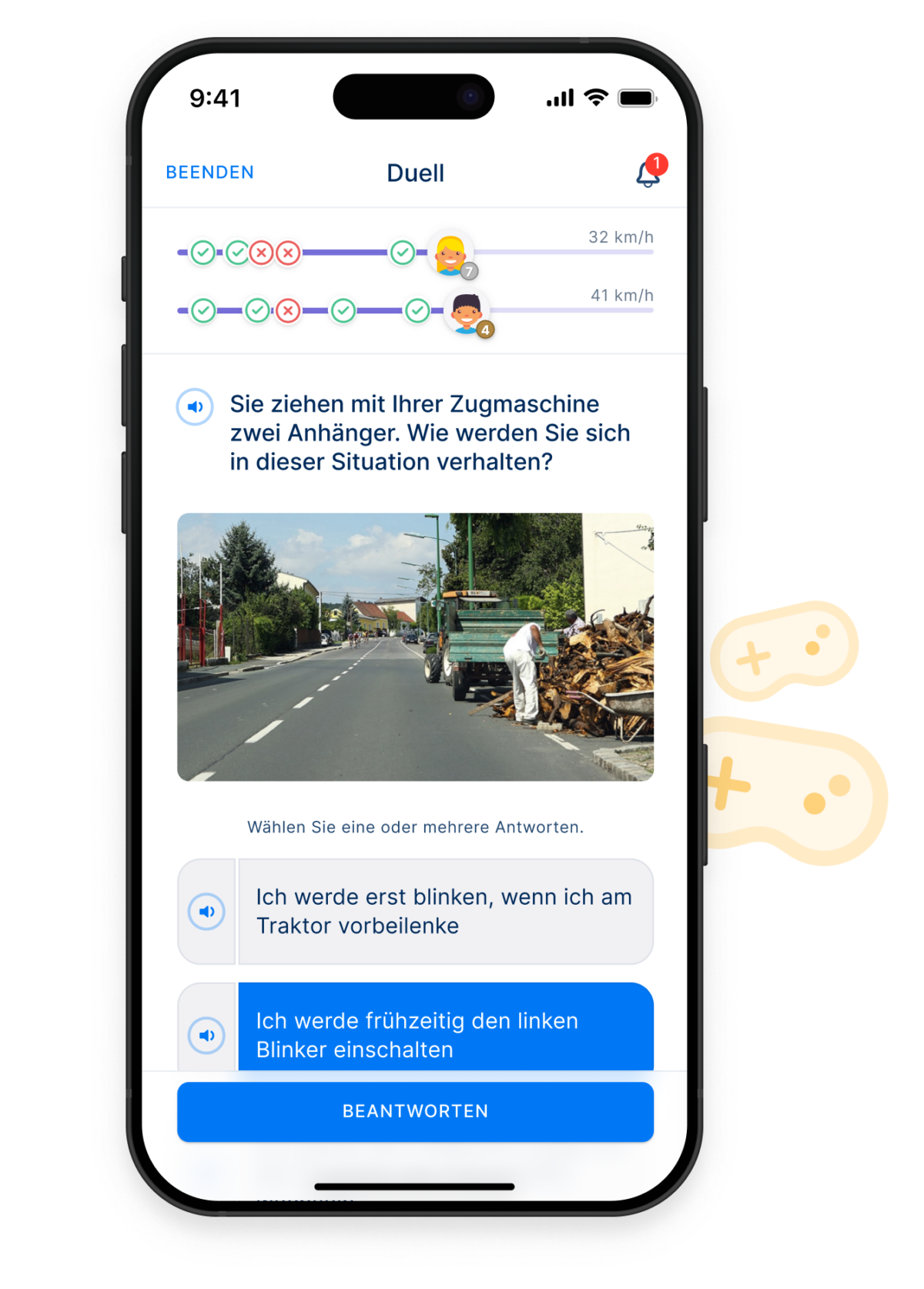 Ein Smartphone zeigt den Duell-Modus der Lern-App Yarrive mit einer Frage zu einer Verkehrssituation mit einer Zugmaschine mit Anhängern.
