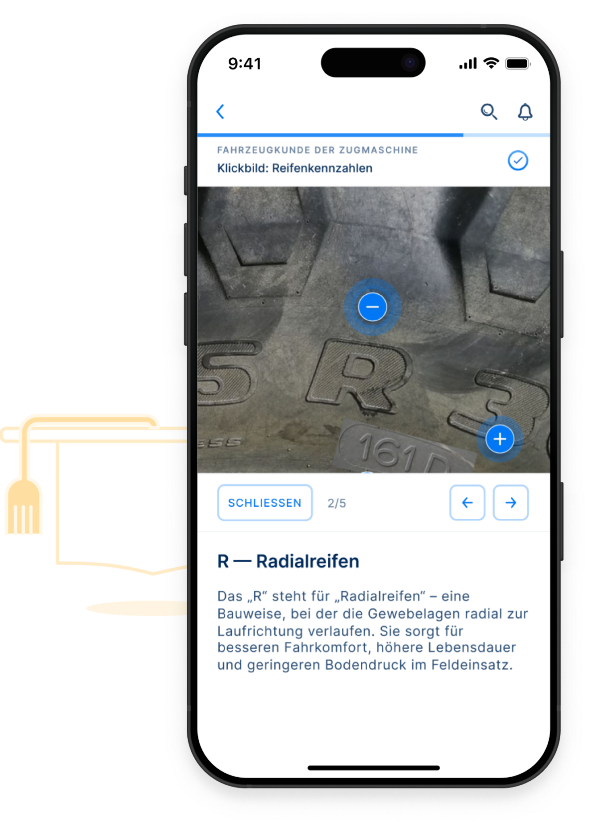 Ein Smartphone zeig Bild und Text zur Kennzeichnung von Autoreifen. Zu sehen ist ein Ausschnitt der Beschriftung eines Radialreifens.