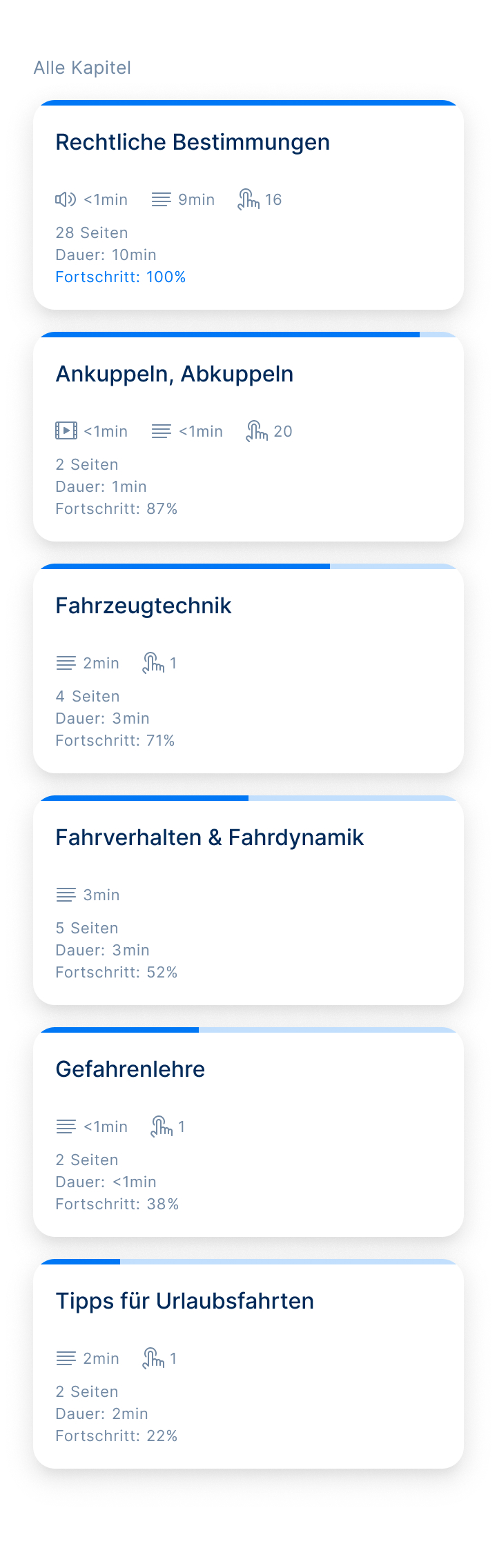 Eine Content-Übersicht in der Lern-App Yarrive. Abgebildet sind die Kapitel Rechtliche Bestimmungen, Ankuppeln & Abkuppeln, Fahrzeugtechnik, Fahrverhalten & Fahrdynamik, Gefahrenlehre und Tipps für Urlaubsfahrten.
