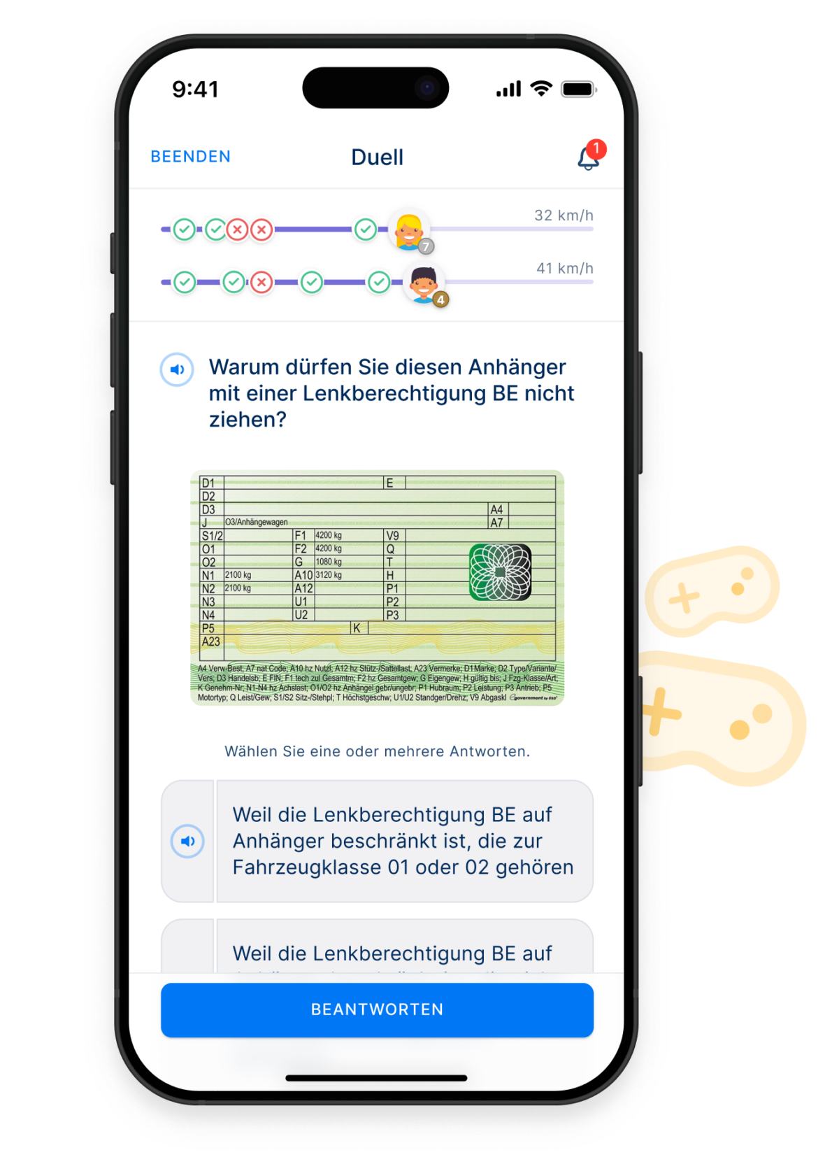Ein Smartphone zeigt den Duell-Modus der Lern-App Yarrive mit einer Frage zu den Angaben, die auf einem Führerschein hinsichtlich der bestehenden Fahrerlaubnissen gemacht sind. Das Bild unter der Frage zeigt die Rückseite eines Führerscheins