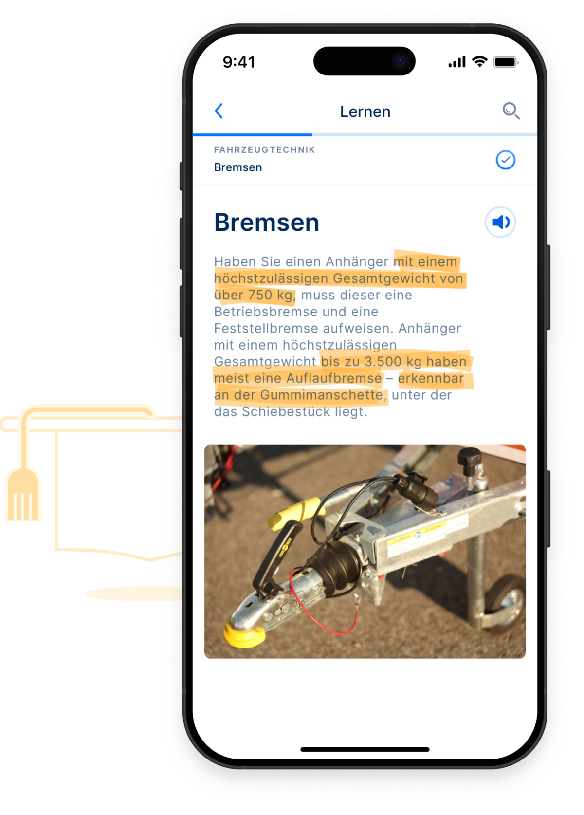 Ein Smartphone zeig Bild und Text zu den Bestimmungen für Bremsen bei Anhängern.